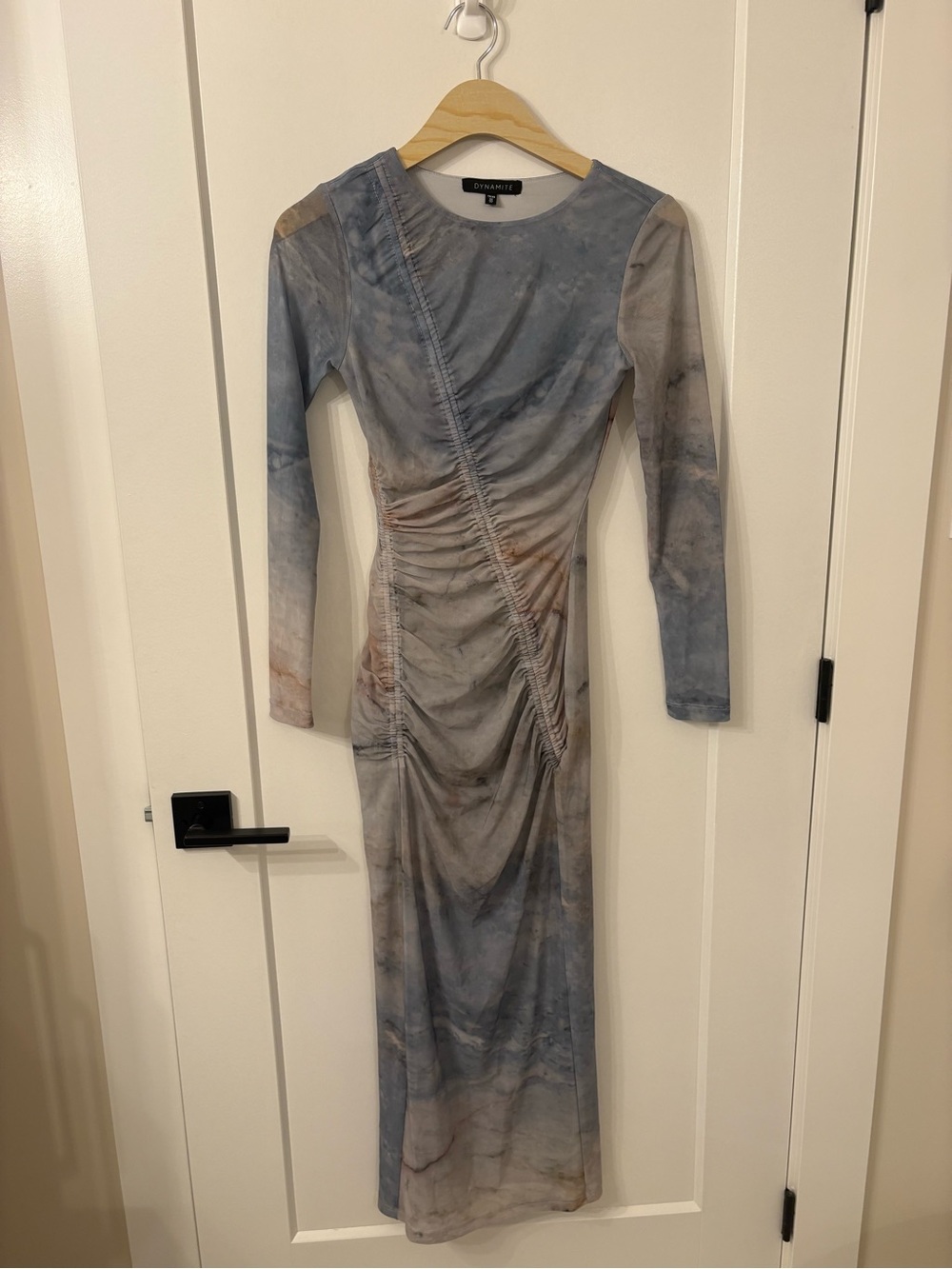 Dynamite Blue & Beige Tie-Dye Ruched Long Sleeve Maxi Dress